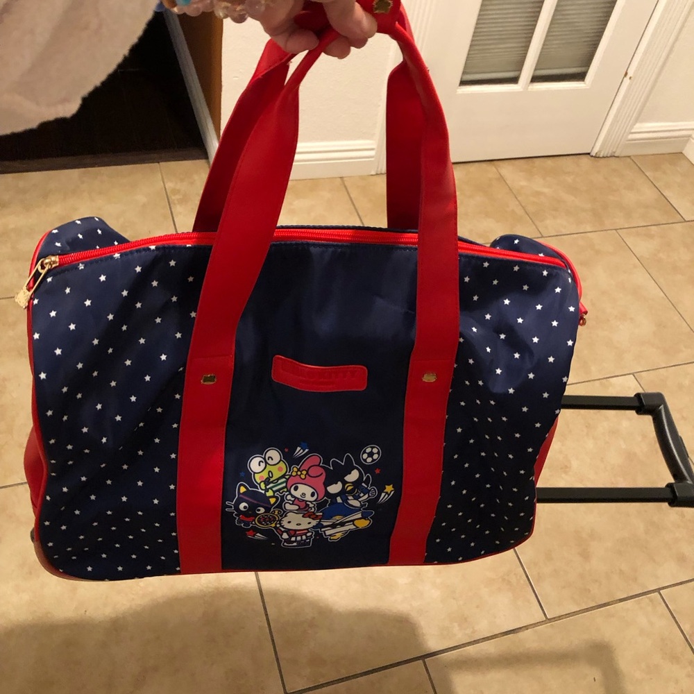 Hello Kitty & Friends Rolling Duffel Bag Navy Red Stars Carry On Luggage Wheels - Picture 8 of 13